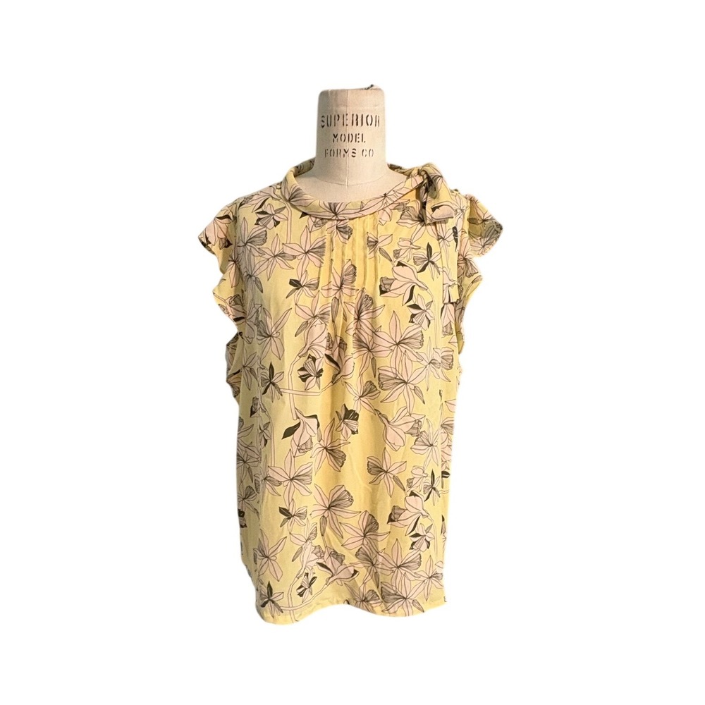 Liz Claiborne Yellow Floral Ruffle Sleeve Tie Neck Blouse Womens Lg Cottagecore